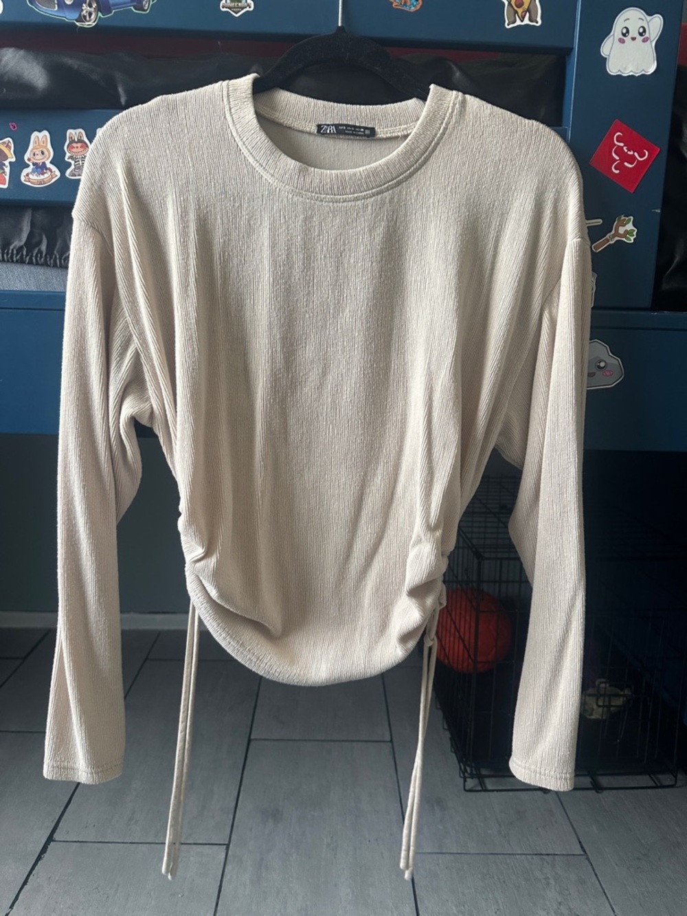 Zara Cream Long-Sleeve Drawstring Hem Top